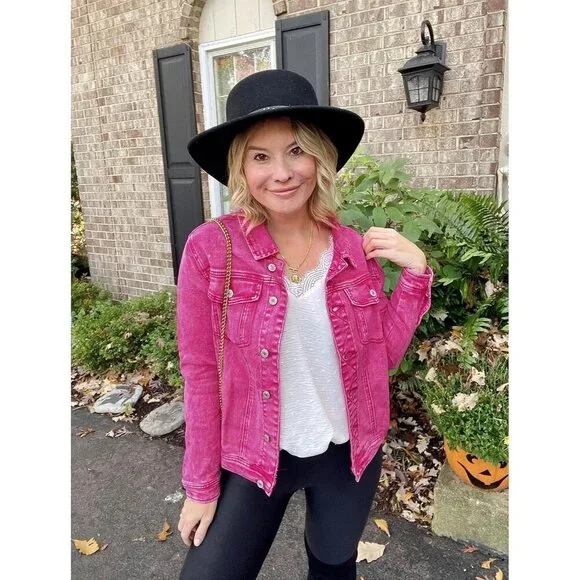 Women's Basic Button Down Stretch Fitted Long Sleeve Denim Jean Jacket Rose Pink - Picture 2 of 7